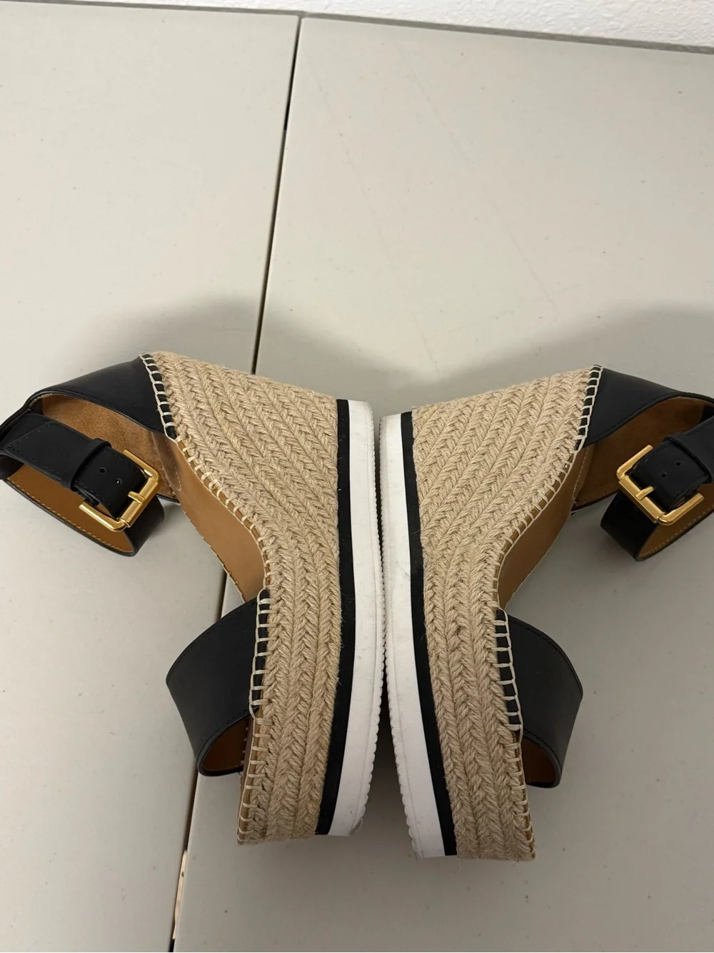 See By Chloé Glyn Black Leather Espadrille Wedge Sandals Size 8 / 38